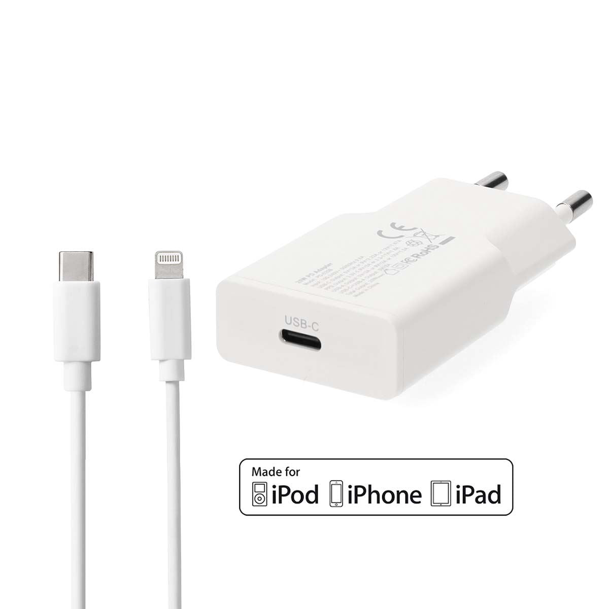 Nedis Wall Charger | 20 W | GaN | PD3.0 | Quick charge feature | 1.67 / 2.22 / 3.0 A | Number of outputs: 1 | USB-C™ | Lightning 8-Pin (Loose) Cable | 1.00 m | Automatic Voltage Selection | White