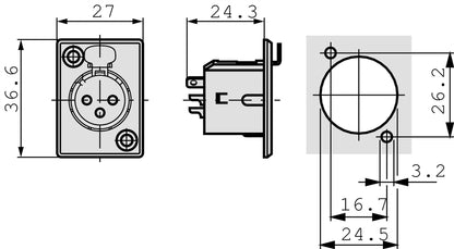 Neutrik NTR-NC3FP-1 | 3 pole female receptacle, solder contacts, Nickel housing, silver contacts