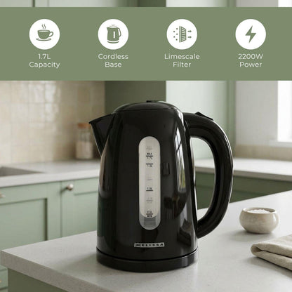 MELISSA Electric Kettle 1.7 l | Plastic | Black | Rotatable 360 degrees | Concealed heating element | Boil-dry protection