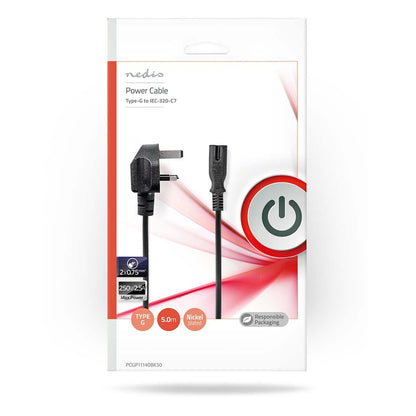 Nedis PCGP11140BK50 | UK Power Cable | UK Male | IEC-320-C7 | 5.00 m | Yes | 2 x 0.75 mm² | Copper | Round | Nickel Plated | UK | PVC | Power plug: Type G | 250 V AC | 3 A | Black