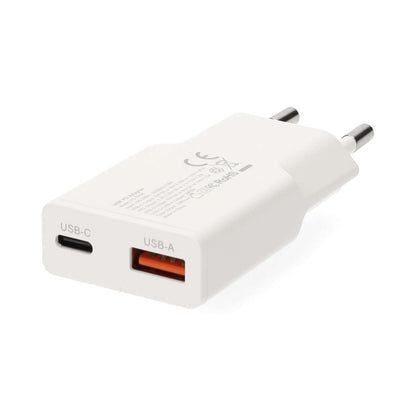 Nedis Wall Charger | 20 W | GaN | PD3.0 | Quick charge feature | 1.5 / 2.0 / 2.22 / 3.0 A | Number of outputs: 2 | USB-A / USB-C™ | USB-C™ (Loose) Cable | 1.50 m | Automatic Voltage Selection | White