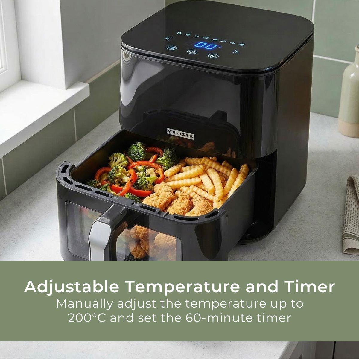 MELISSA 5L Hot Air Fryer Sleek XL for Healthy Low Fat Cooking, with Adjustable Temperature, Digital Display Control, 8 Presets and 60 Minute Timer  - Black