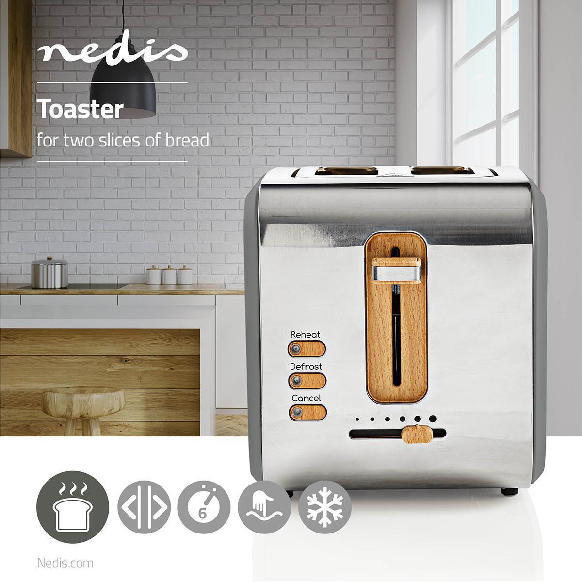 Nedis Toaster | Soft Touch Series | 2 Bread Slices | 2 Slots | Browning levels: 6 | Defrost feature | Grey