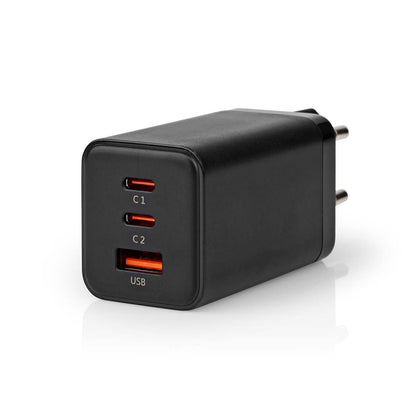 Nedis Wall Charger | 65 W | GaN | PD3.0 18W / PD3.0 20W / PD3.0 27W / PD3.0 36W / PD3.0 45W / PD3.0 60W / PD3.0 65W / QC3.0 | Quick charge feature | 3.0 / 3.25 A | Number of outputs: 3 | USB-A / 2x USB-C™ | Automatic Voltage Selection | Black