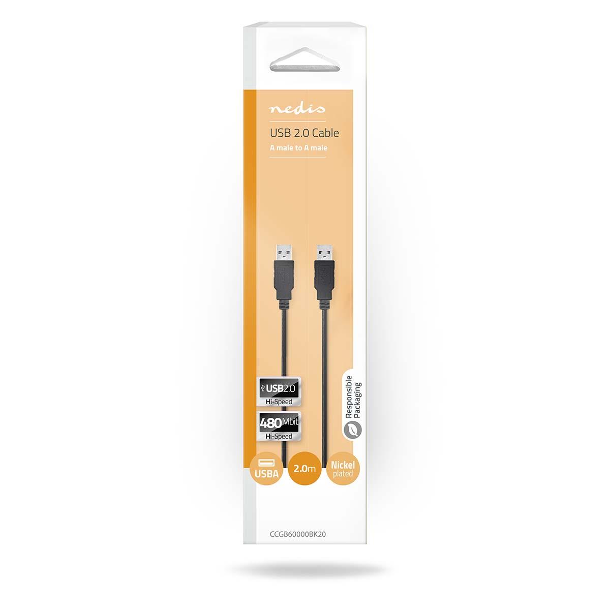 Nedis USB Cable | USB 2.0 | USB-A Male | USB-A Male | 480 Mbps | Nickel Plated | 2.00 m | Round | PVC | Black | Box