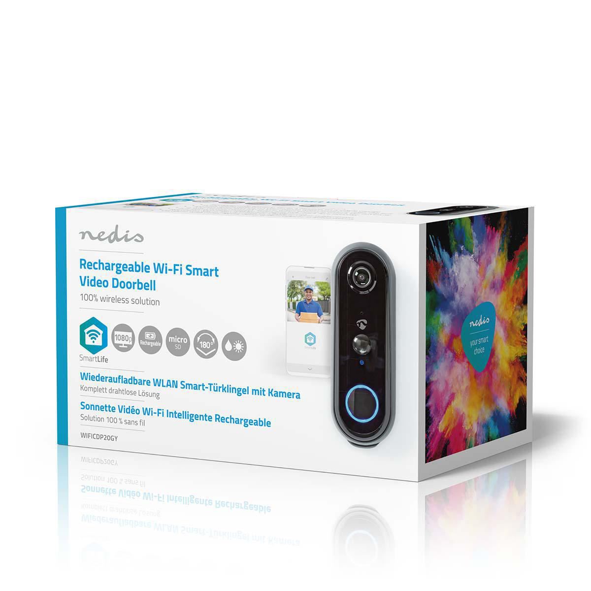 Nedis SmartLife Video Doorbell | Wi-Fi | Battery Powered | Full HD 1080p | Cloud Storage (optional) / microSD (not included) | IP54 | With motion sensor | Night vision | Grey