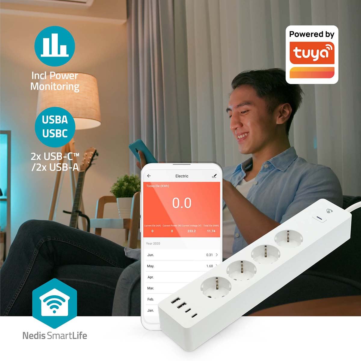 Nedis SmartLife Power Strip | Wi-Fi | 2x USB-A / 2x USB-C™ / 4x plug with earth contact (CEE 7/3) | 16 A | 3680 W | 2.00 m | 0 - 55 °C | Android™ / IOS | White