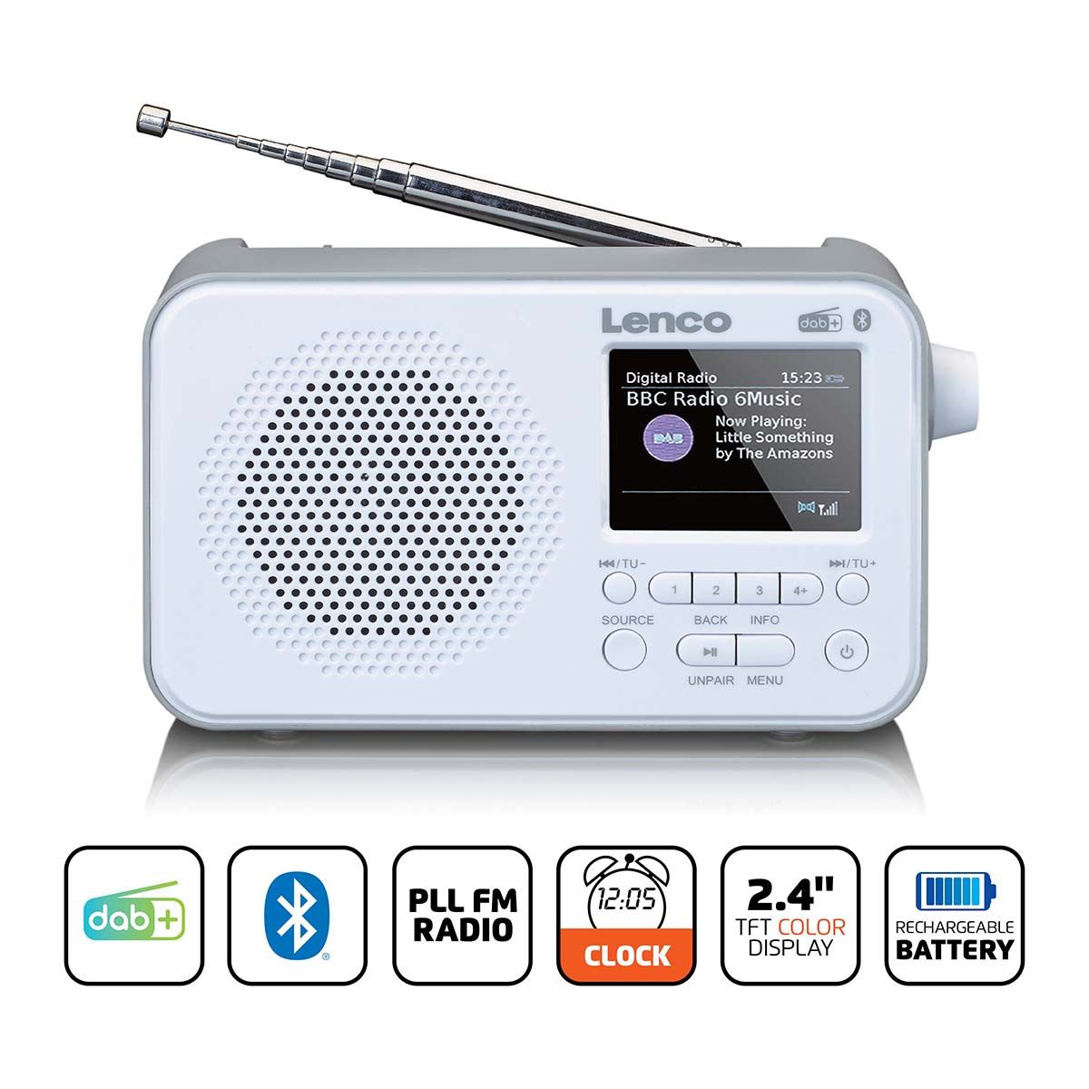 Lenco PDR-036WH | Portable DAB+ FM Radio with Bluetooth® Speaker | 2.4" TFT LCD Display | White