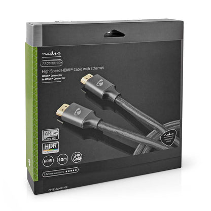 Nedis High Speed HDMI™ Cable with Ethernet | HDMI™ Connector | HDMI™ Connector | 4K@60Hz | ARC | 18 Gbps | 10.0 m | Round | Cotton | Gun Metal Grey | Cover Box