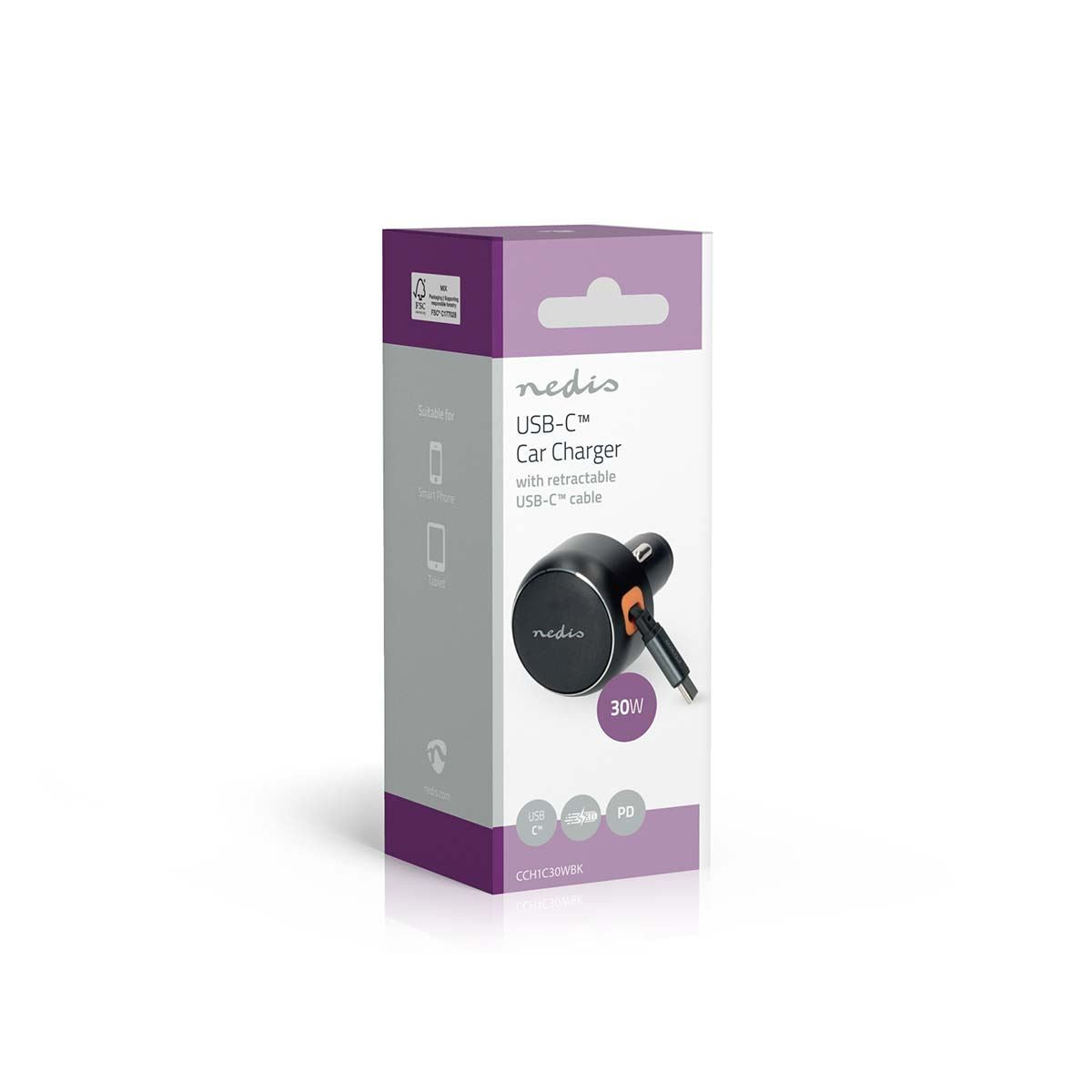 Nedis Car Charger | 30 W | 2.4 / 3.0 A | Number of outputs: 1 | USB-C™ Retractable Cable | 0.70 m | Automatic Voltage Selection