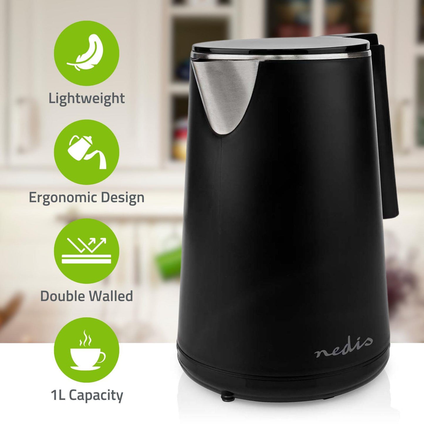Nedis Electric Kettle | 1.0 l | Plastic | Black | Rotatable 360 degrees | Concealed heating element | Strix® controller | Boil-dry protection