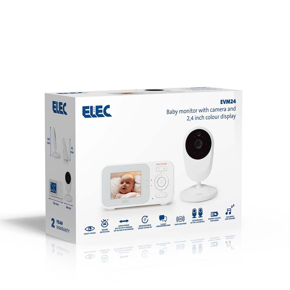 ELEC EVM24 | Baby monitor with camera with 2.4-inch colour display, night vision and talkback function - White