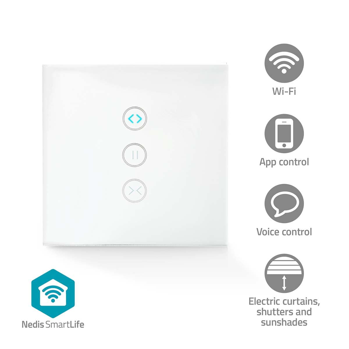 Nedis SmartLife Wall Switch | Wi-Fi | Curtain / Shutter / Sunshade | Wall Mount | 300 W | Android™ / IOS | Glass | White