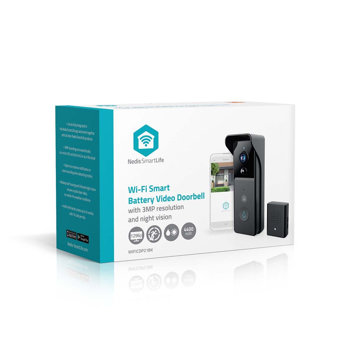 Nedis SmartLife Video Doorbell | Wi-Fi | Battery Powered | 3MP Full HD 1296p | Cloud Storage (optional) / microSD (not included) | IP44 | With motion sensor | Night vision | Black