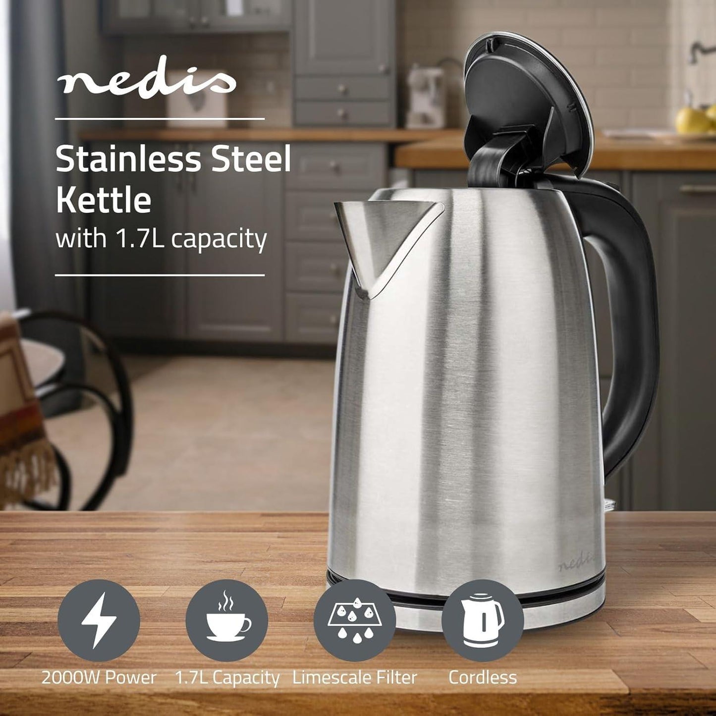 Nedis Electric Kettle | 1.7 l | Stainless Steel | Black / Silver | Rotatable 360 degrees | Concealed heating element | Strix® controller | Boil-dry protection