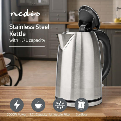 Nedis Electric Kettle | 1.7 l | Stainless Steel | Black / Silver | Rotatable 360 degrees | Concealed heating element | Strix® controller | Boil-dry protection