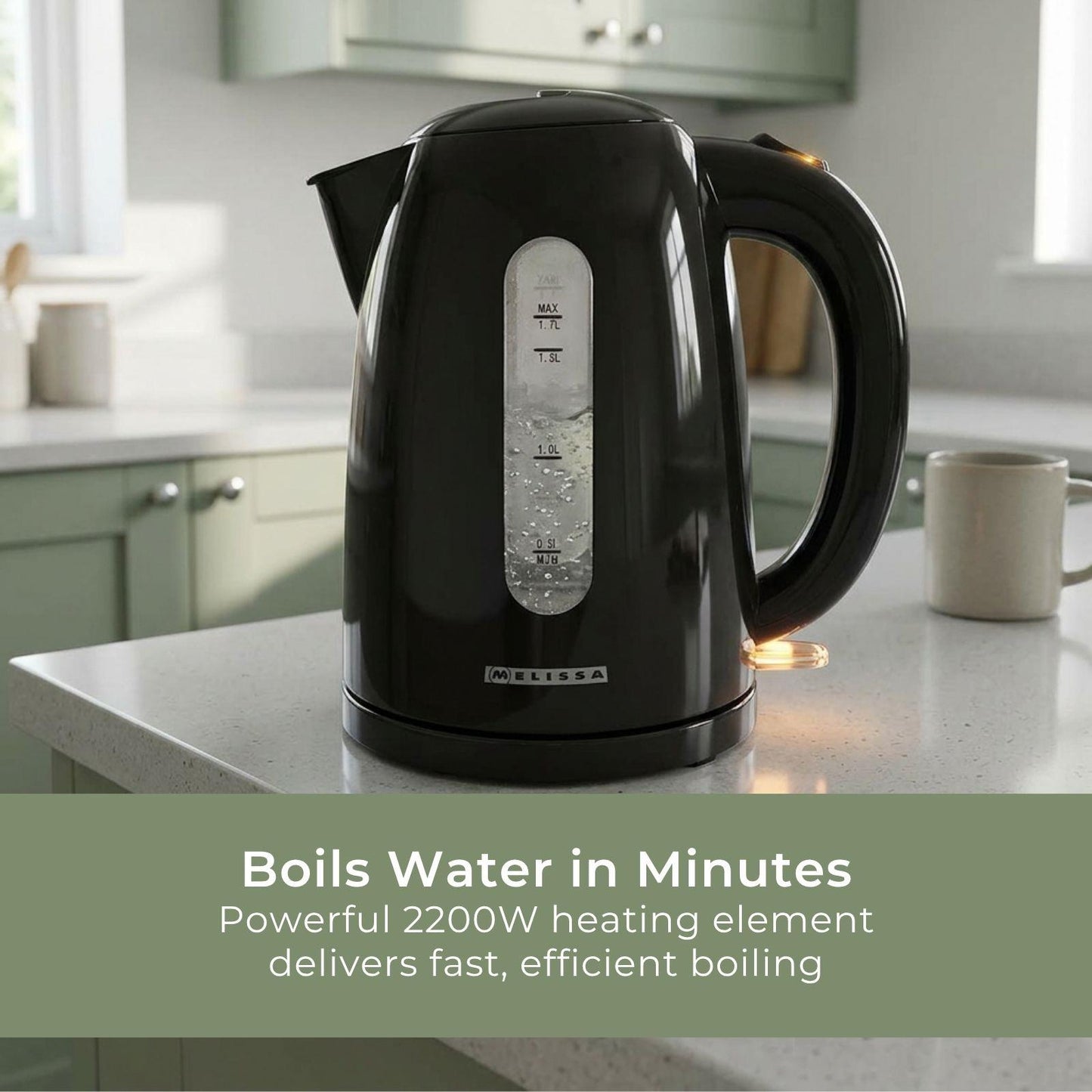 MELISSA Electric Kettle 1.7 l | Plastic | Black | Rotatable 360 degrees | Concealed heating element | Boil-dry protection