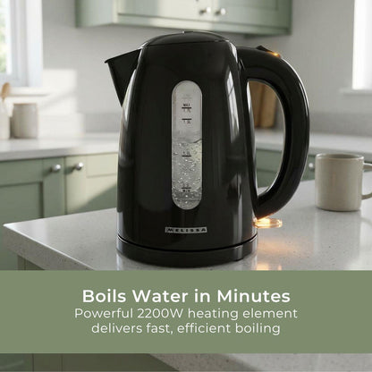 MELISSA Electric Kettle 1.7 l | Plastic | Black | Rotatable 360 degrees | Concealed heating element | Boil-dry protection