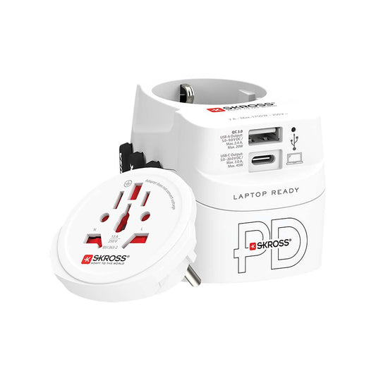 Skross SKR1302474 | Travel adapter 3-pole earthed with integrated fast charging 45 watt PD USB charger (1 x USB C & 1 x USB)