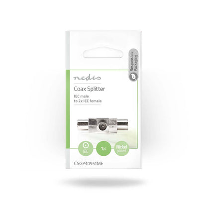 Nedis Satellite & Antenna Adapter | IEC (Coax) Male | 2x Coax Female | Nickel Plated | 75 Ohm | T-Splitter | Metal | Silver | 1 pcs | Box