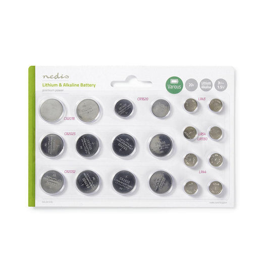 Nedis Lithium / Alkaline Button Cell Battery Multi Pack | 1.5 / 3 V DC | Alkaline / Lithium | CR1620 / CR2016 / CR2025 / CR2032 / LR43 / LR44 / LR54 | Number of batteries: 20 pcs | Blister Card | Various Devices