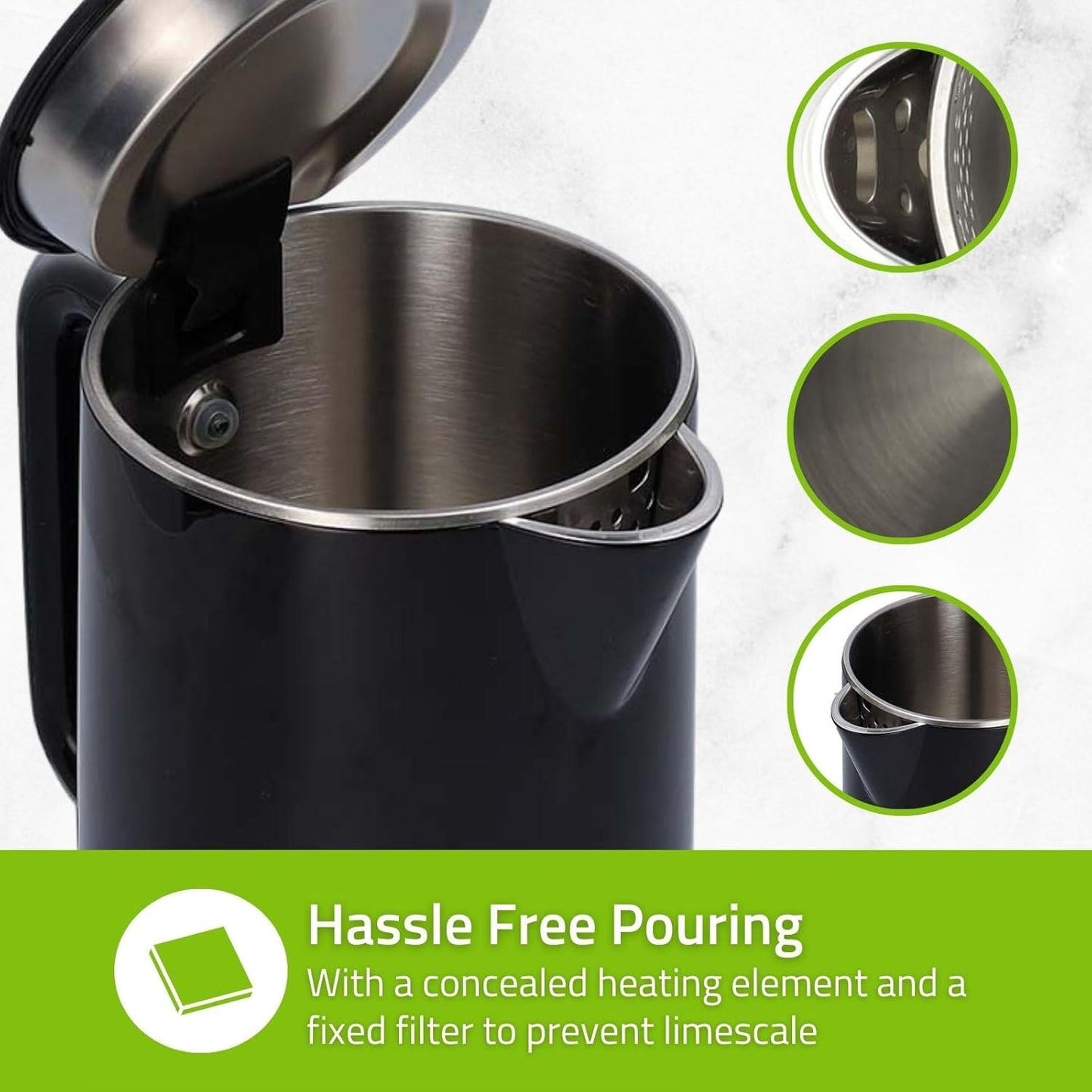 Nedis Electric Kettle | 1.7 l | Plastic | Black | 50,60,70,80,90,100 °C | Temperature indicator | Rotatable 360 degrees | Concealed heating element | Strix® controller | Boil-dry protection