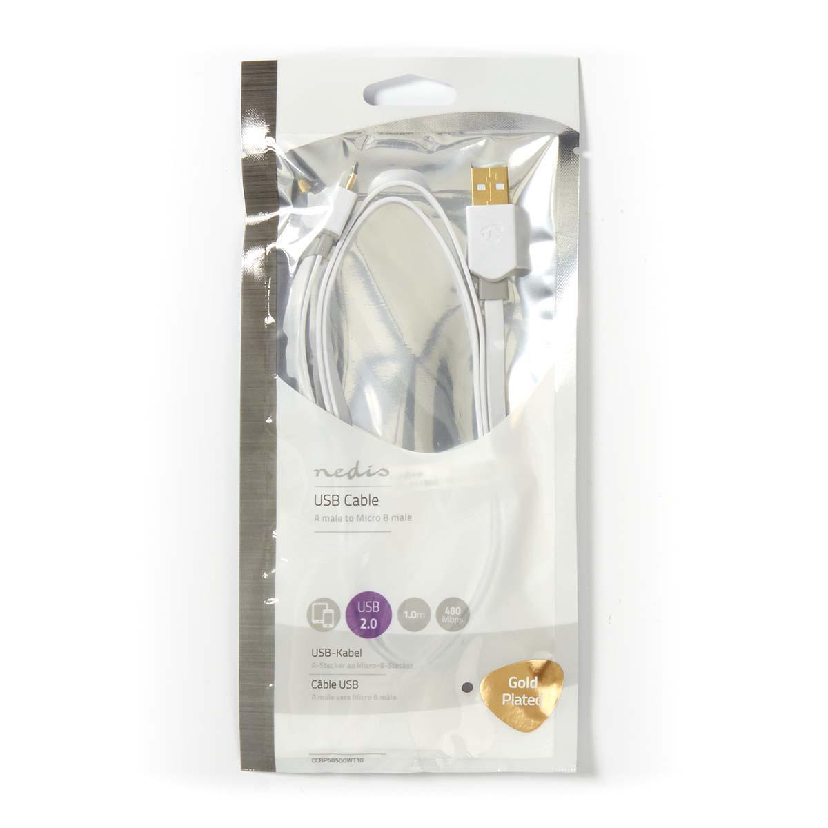 Nedis CCBP60500WT10 | USB Cable | USB 2.0 | USB-A Male | USB Micro-B Male | 480 Mbps | Gold Plated | 1.00 m | Flat | PVC | White | Polybag