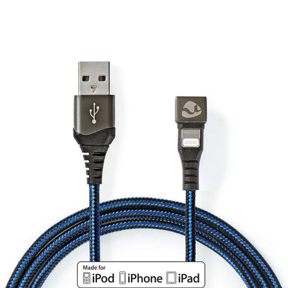 Nedis USB Cable | USB 2.0 | Apple Lightning 8-Pin | USB-A Male | 12 W | 480 Mbps | Nickel Plated | 1.00 m | Round | Braided / Nylon | Black / Blue | Cover Window Box