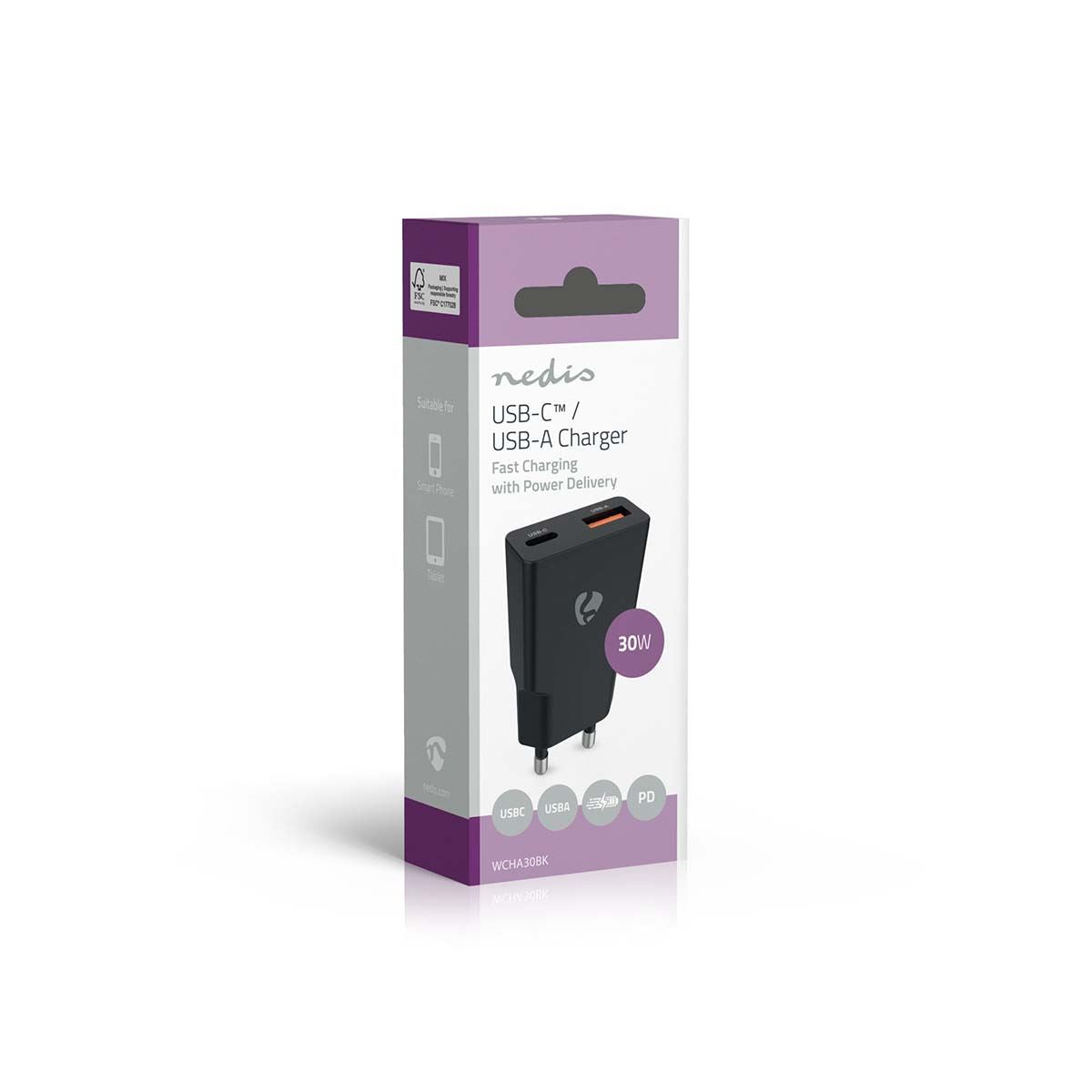 Nedis Wall Charger | 30 W | GaN | PD3.0 30W | Quick charge feature | 1.5 / 2.0 / 2.5 / 3.0 A | Number of outputs: 2 | USB-A / USB-C™ | Automatic Voltage Selection | Black