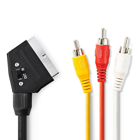 Nedis SCART Cable | SCART Male | 3x RCA Male | Nickel Plated | Switchable | 480p | 2.00 m | Round | PVC | Black | Tag