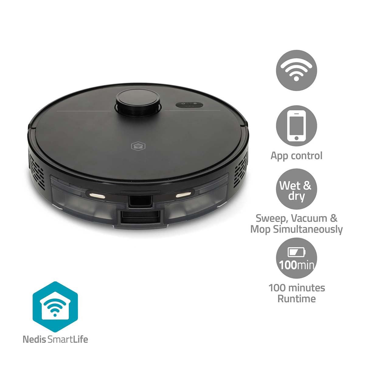 Nedis WIFIVCL10CBK | SmartLife Robot Vacuum Cleaner | Navigation method: Laser Navigation | Wi-Fi | Capacity collection reservoir: 0.59 l | Automatic charging | Maximum operating time: 1.75 hrs | Black | Android™ / IOS