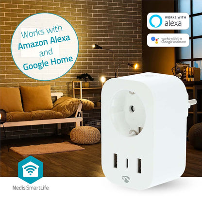 Nedis SmartLife Smart Plug | Wi-Fi | IP21 | Power meter | 3680 W | Type F (CEE 7/7) / 1x USB-C™ / 2x USB | 0 - 55 °C | Android™ / IOS | White | 1 pcs