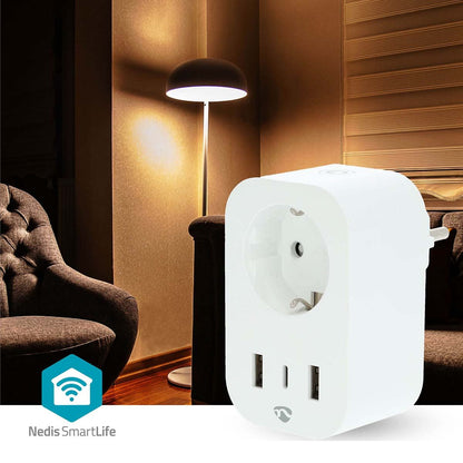 Nedis SmartLife Smart Plug | Wi-Fi | IP21 | Power meter | 3680 W | Type F (CEE 7/7) / 1x USB-C™ / 2x USB | 0 - 55 °C | Android™ / IOS | White | 1 pcs
