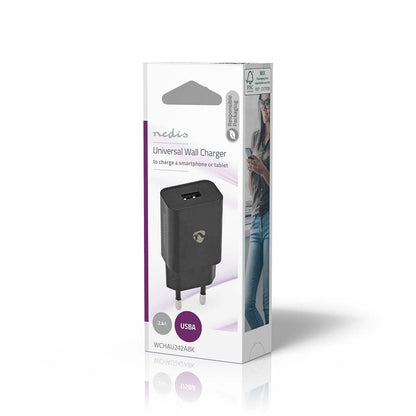 Nedis Wall Charger | 12 W | Quick charge feature | 1x 2.4 A | Number of outputs: 1 | USB-A | No Cable Included | Single Voltage Output | Black