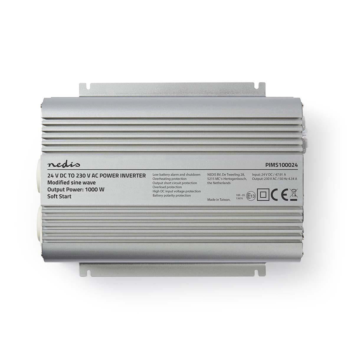 Nedis Power Inverter Modified Sine Wave | Input voltage: 24 V DC | Device power output connection(s): Type F (CEE 7/3) | 230 V AC 50 Hz | 1000 W | Peak power output: 2400 W | Battery Clamps | Silver