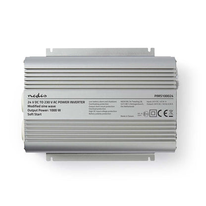 Nedis Power Inverter Modified Sine Wave | Input voltage: 24 V DC | Device power output connection(s): Type F (CEE 7/3) | 230 V AC 50 Hz | 1000 W | Peak power output: 2400 W | Battery Clamps | Silver