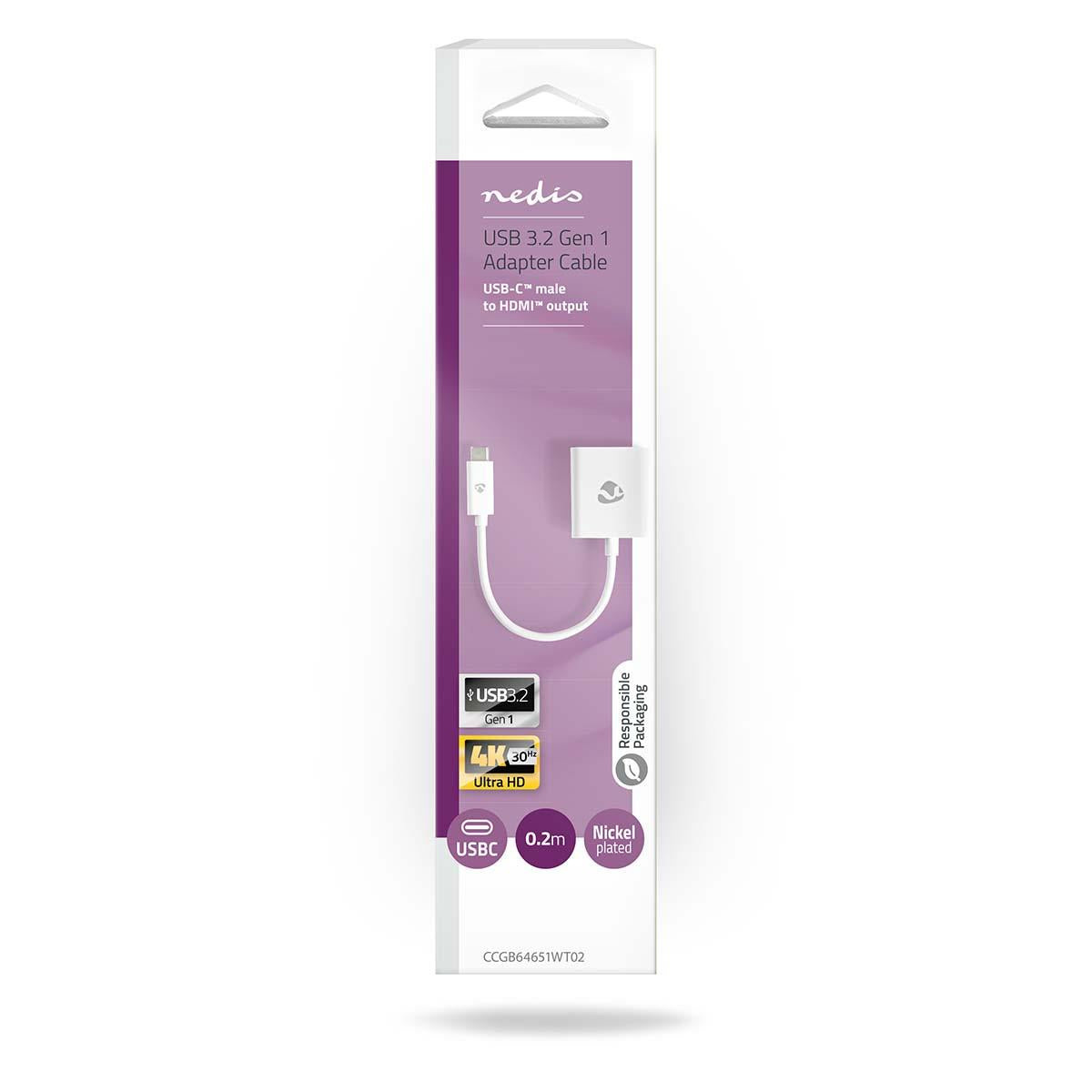 Nedis USB-C™ Adapter | USB 3.2 Gen 1 | USB-C™ Male | HDMI™ Output | 4K@30Hz | 0.20 m | Round | Nickel Plated | PVC | White | Box