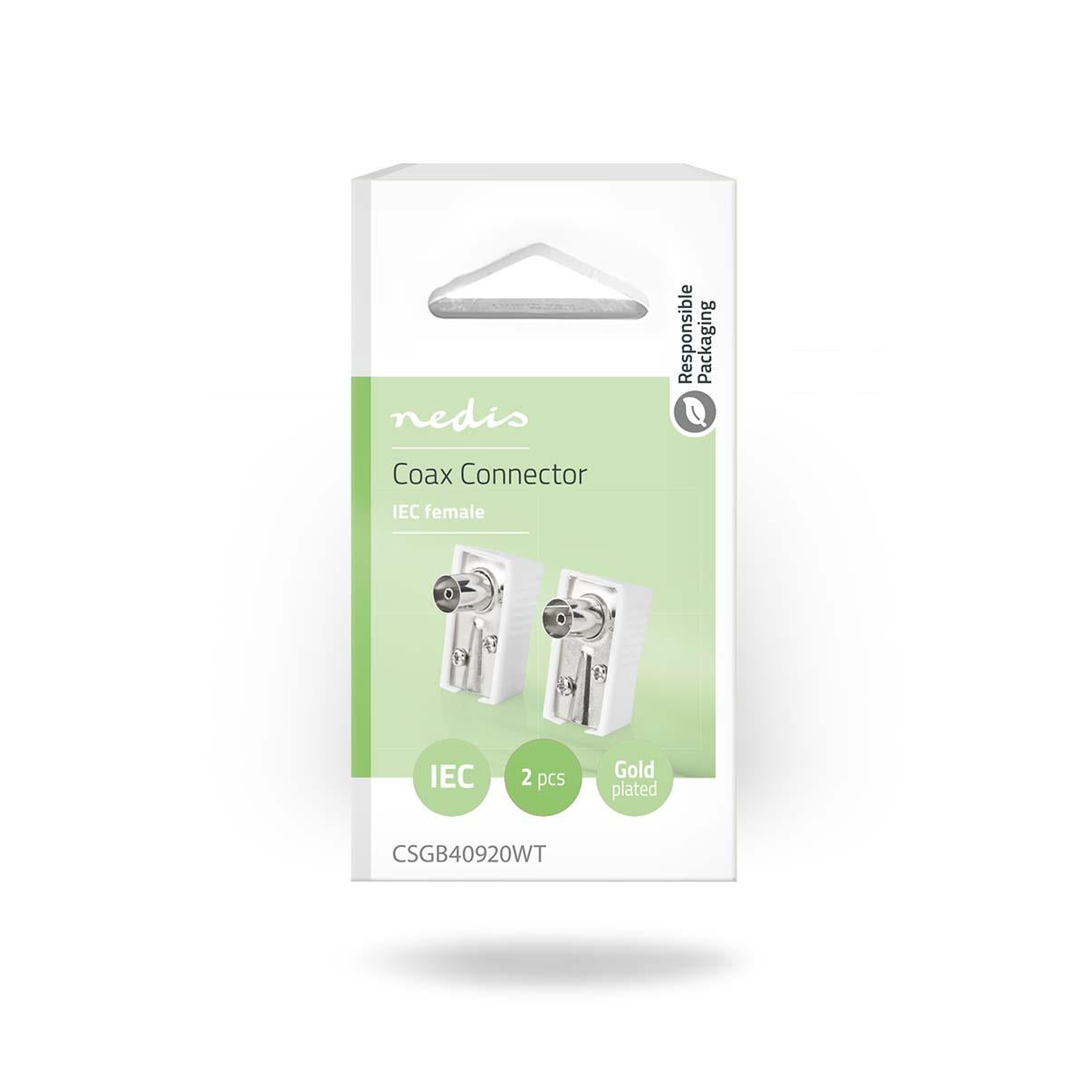 Nedis CSGB40920WT | IEC (Coax) Connector | Angled | Female | Nickel Plated | 75 Ohm | Screw | Cable input diameter: 7.0 mm | Metal / PVC | White | 2 pcs | Box