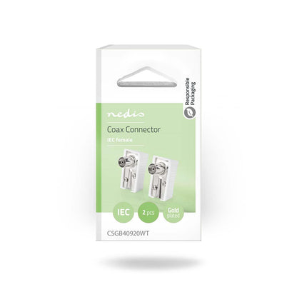 Nedis CSGB40920WT | IEC (Coax) Connector | Angled | Female | Nickel Plated | 75 Ohm | Screw | Cable input diameter: 7.0 mm | Metal / PVC | White | 2 pcs | Box