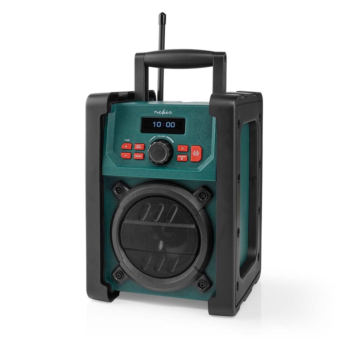 Nedis DAB+ Radio | Jobsite Radio | DAB+ / FM | 2.2 " | Black White Screen | Battery Powered / Mains Powered | Digital | 15 W | Bluetooth® | Alarm clock | Sleep timer | IP65 | Carrying handle | Black / Green
