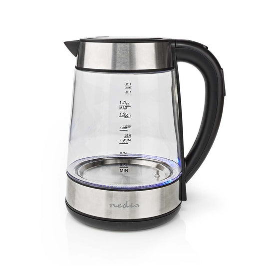Nedis Electric Kettle | 1.7 l | Glass | Transparent | 60,70,80,90,100 °C | Temperature indicator | Rotatable 360 degrees | Concealed heating element | Strix® controller | Boil-dry protection