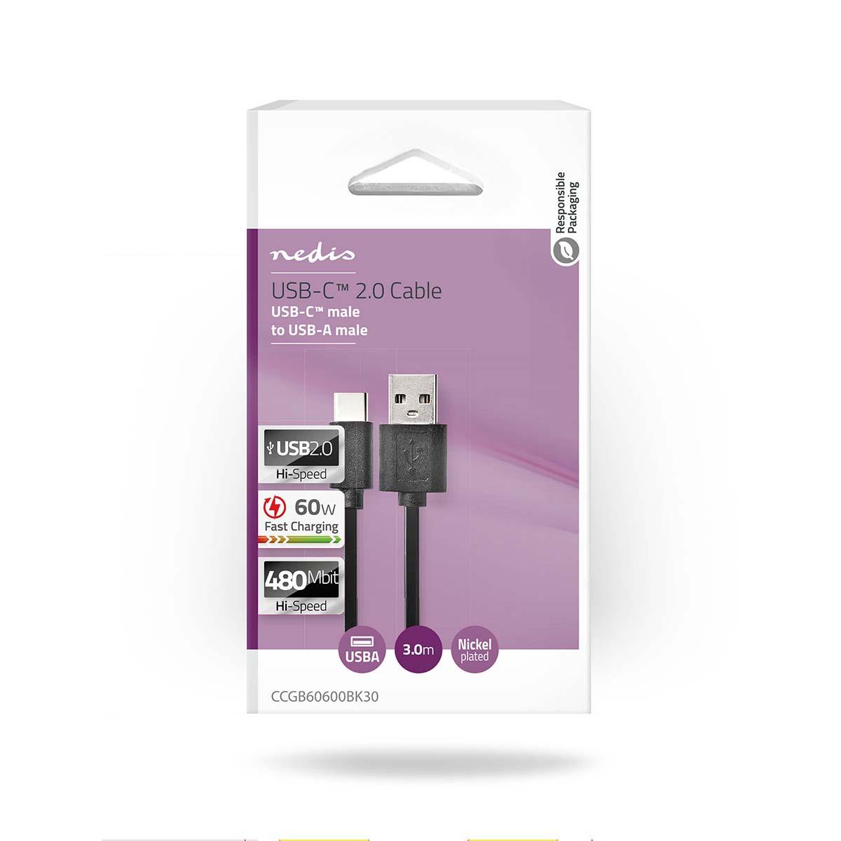 Nedis USB Cable | USB 2.0 | USB-C™ Male | USB-A Male | 15 W | 480 Mbps | Nickel Plated | 3.00 m | Round | PVC | Black | Box
