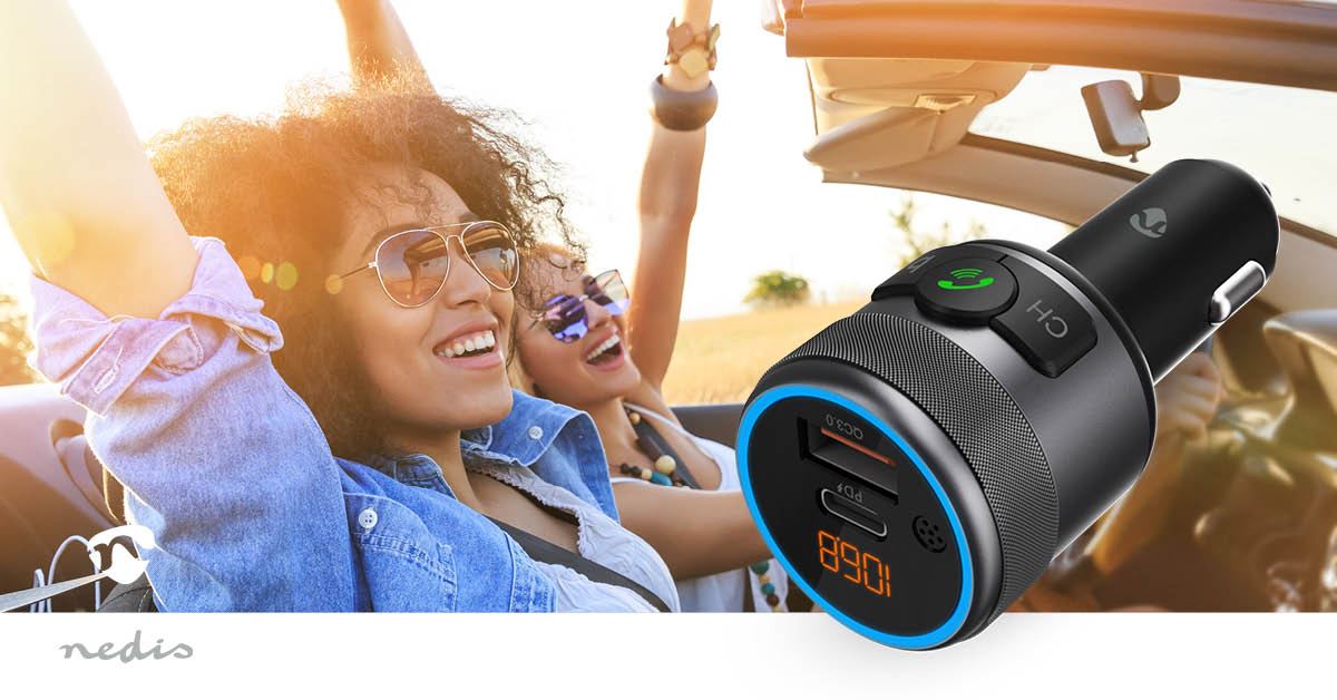 Nedis Car FM Transmitter | Fixed | Hands free calling | 1 " | Amber Screen | Bluetooth® | PD 18 W / PD 24 W | Fast charging | Bass boost | Google Assistant / Siri | Black