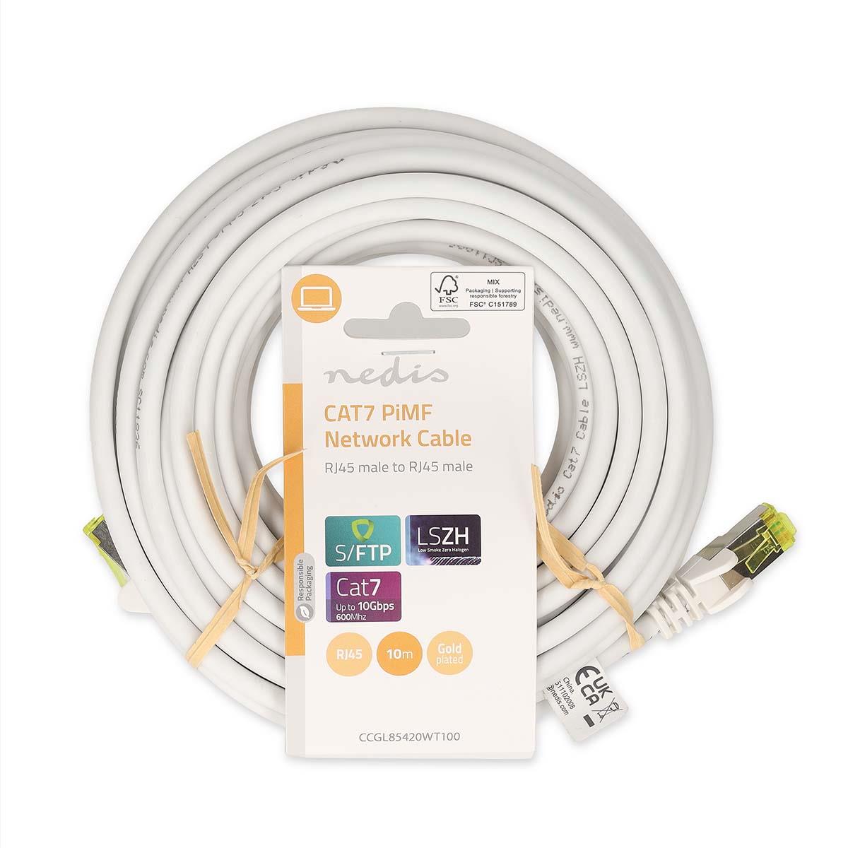 Nedis CCGL85420WT100 | CAT7 Network Cable | S/FTP | RJ45 Male | RJ45 Male | 10.0 m | Snagless | Round | LSZH | White | Label