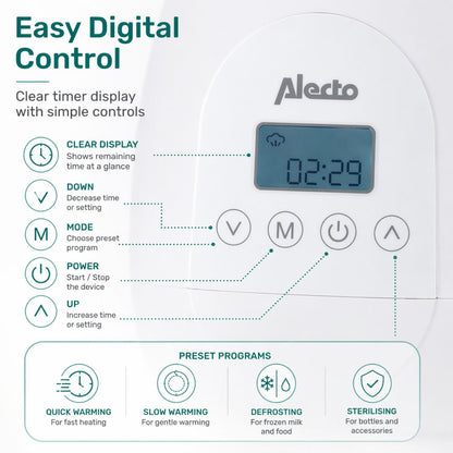 Alecto BW700TWIN | 2 Bottle Warmer, Baby Double Bottle Sterilizer with Digital Display and Temperature Control | White