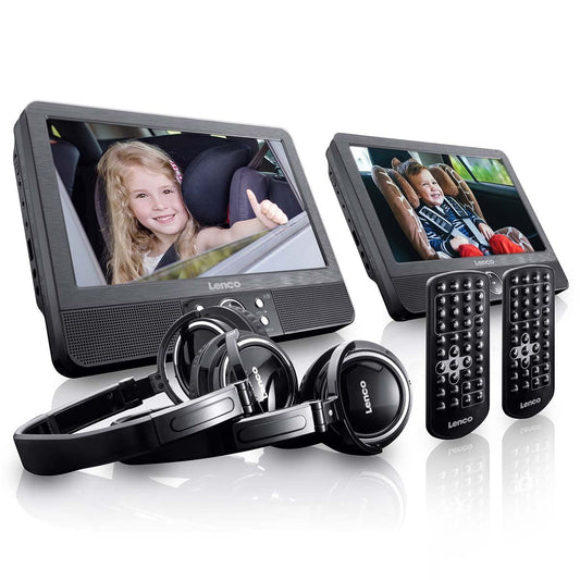 Lenco 2x 9” portable DVD player with USB SD built-in battery headphone and bracket Black