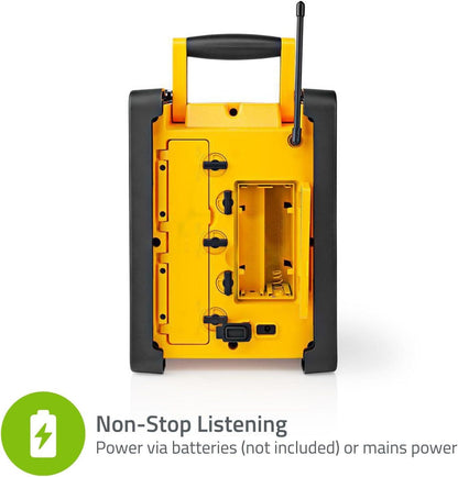 Nedis FM Radio | Jobsite Radio | FM | Battery Powered / Mains Powered | Digital | 15 W | Screen size: 2.2 " | Blue White Screen | IPX5 | Carrying handle | Black / Yellow