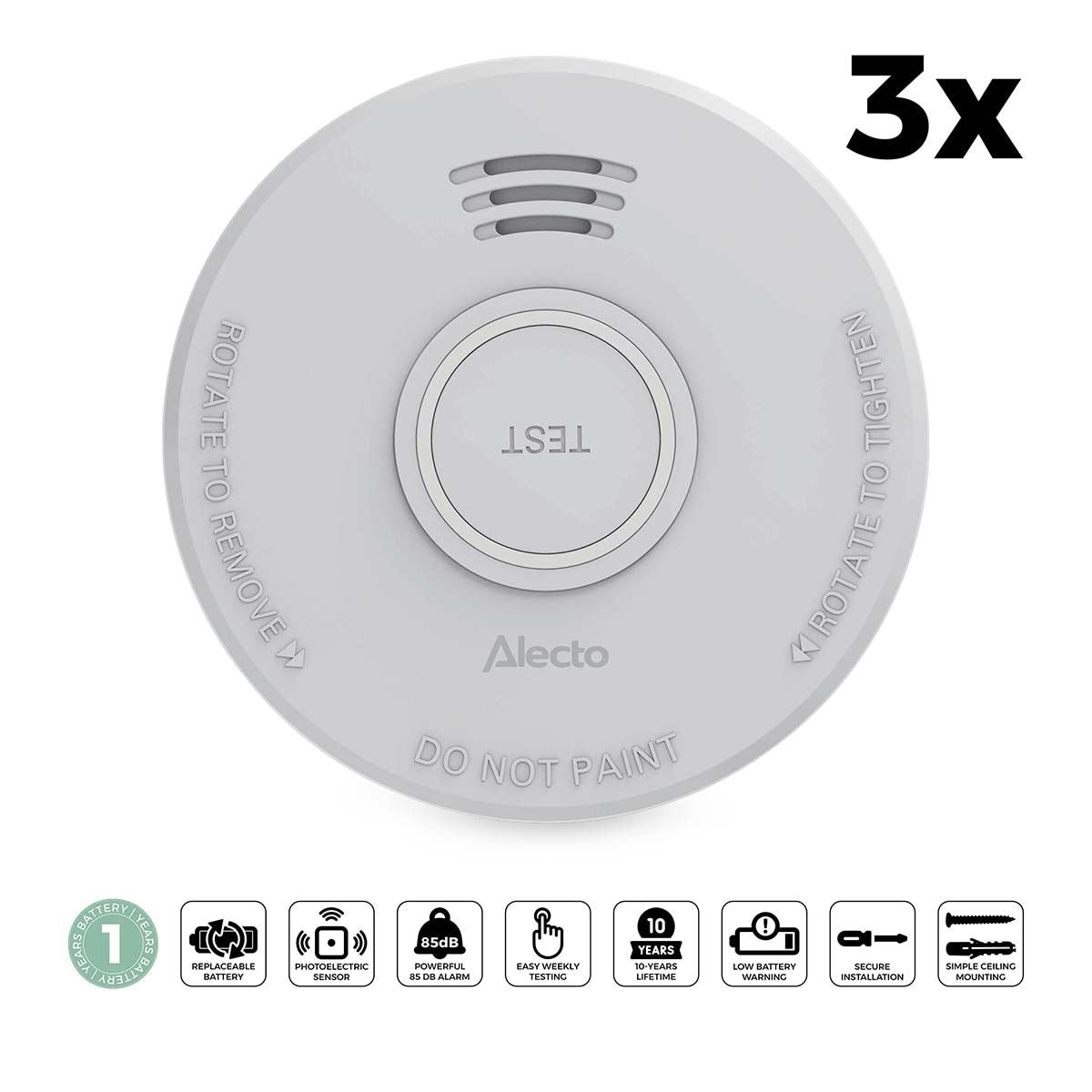 Alecto SD110 Smoke detector with Hush Button | >85 dB | Battery Powered | EN14604:2005/AC:2008 | White |3 Pack
