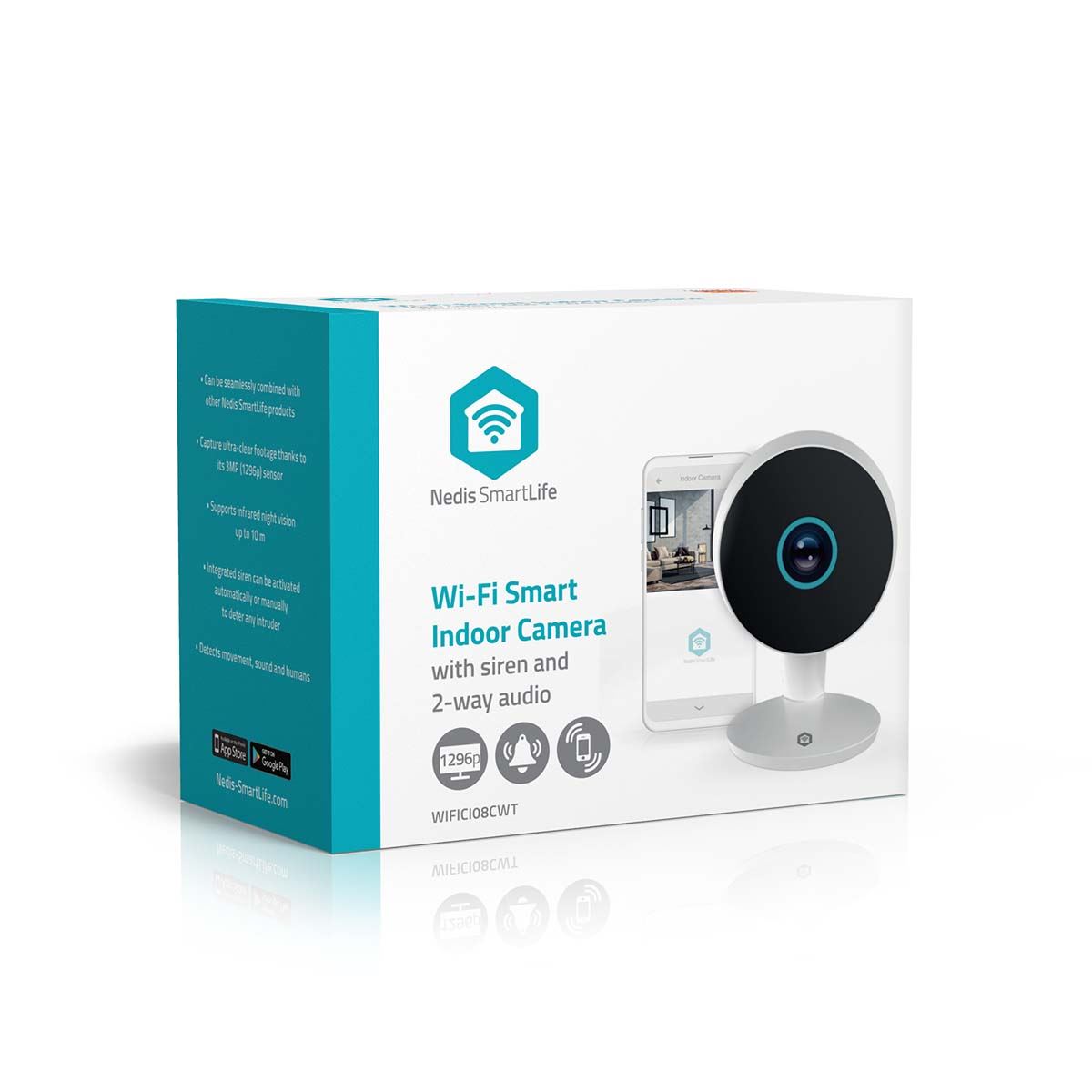 Nedis SmartLife Indoor Camera | Wi-Fi | 3MP Full HD 1296p | Cloud Storage (optional) / microSD (not included) / Onvif | With motion sensor | Night vision | White