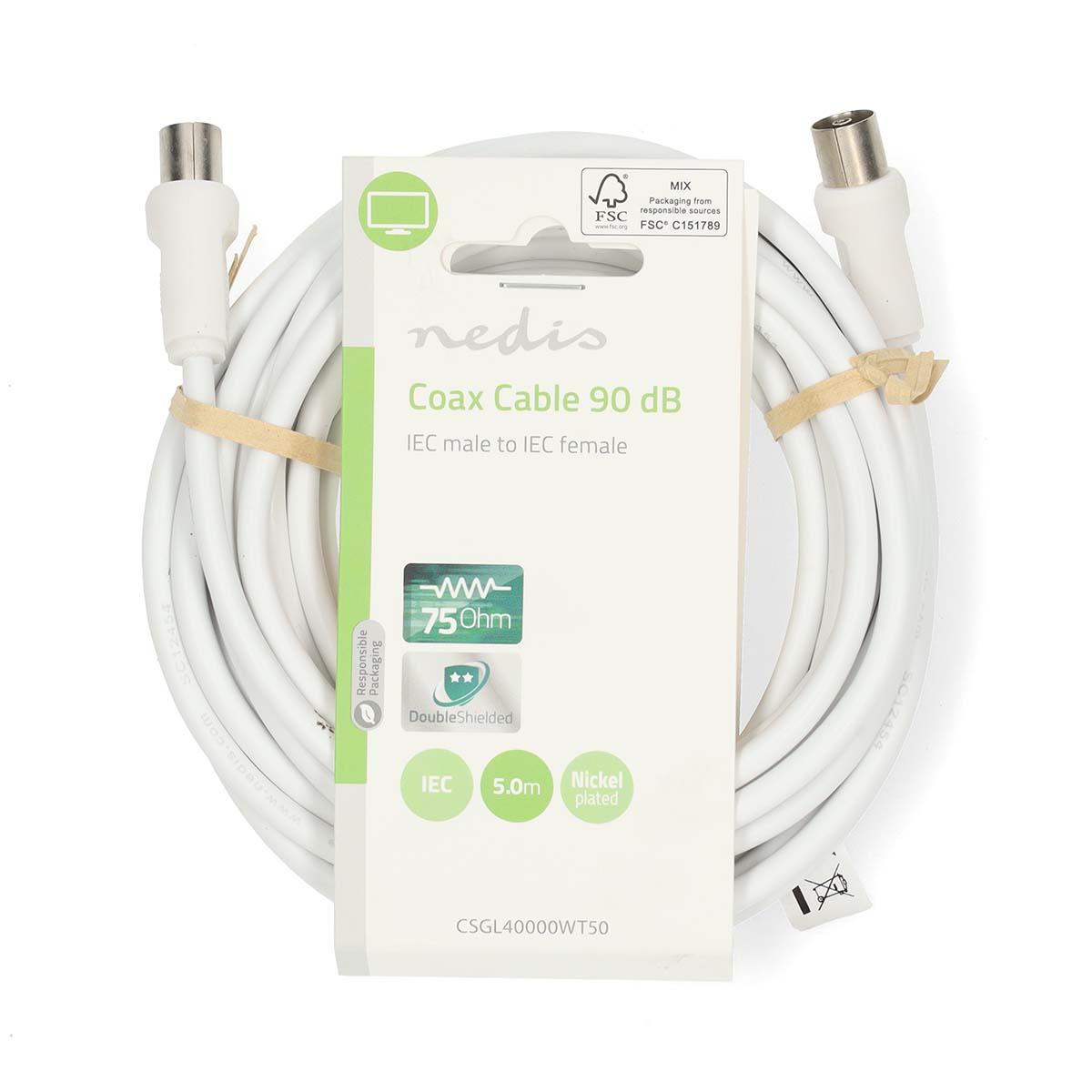 Nedis CSGL40000WT50 | Coax Cable | IEC (Coax) Male | IEC (Coax) Female | Nickel Plated | 90 dB | 75 Ohm | Double Shielded | 5.00 m | Round | PVC | White | Label
